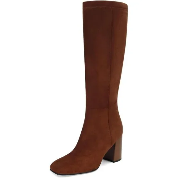 Women's Brown Suede Faux Leather Fashion Square Toe Chunky Heel Knee High Boots