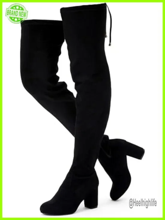 Over the Knee Suede Boots with Chunky Heel and Inner Zipper