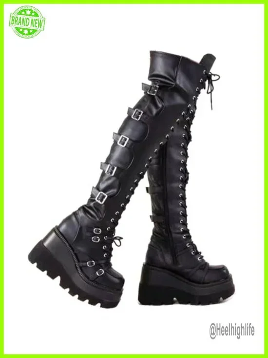 Over Knee Thigh High Platform Boots Chunky Heel Lace Up Side Zip Motorcycle