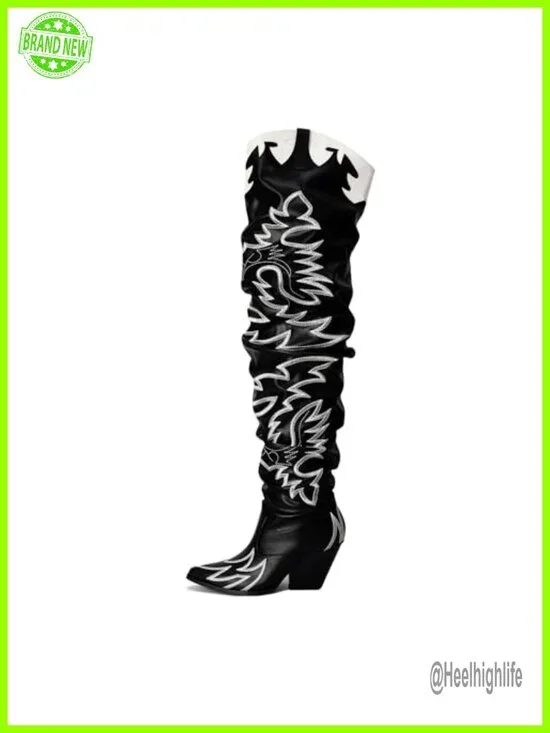 Faux Leather Cowboy Boots - Over The Knee Chunky Heel Pointed Toe