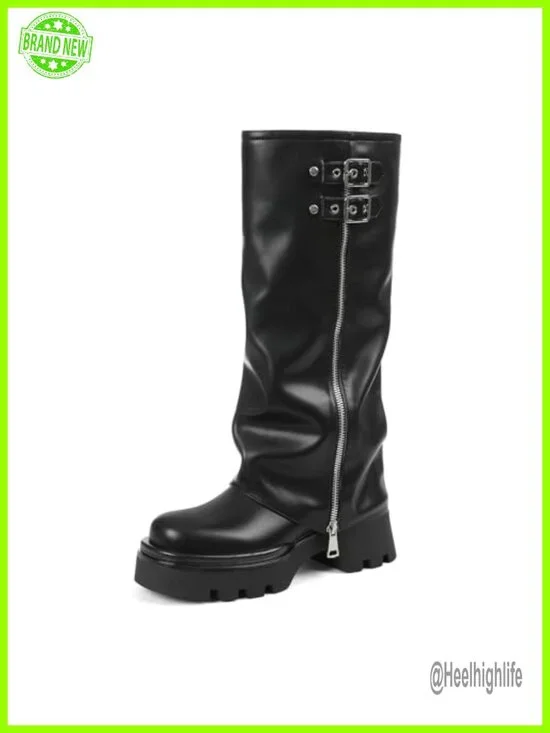 Faux Leather Knee High Platform Riding Boots with Chunky Sole