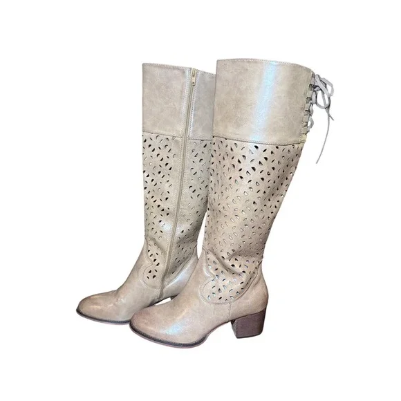 Boutique by Corkys Gabbie Taupe Perforated Lace Up‎ Back Tall Boots Womens 11