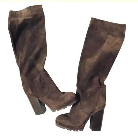 MICHAEL KORS Chocolate Brown Suede Leather Knee High Chunky Heel Boot Boots 9