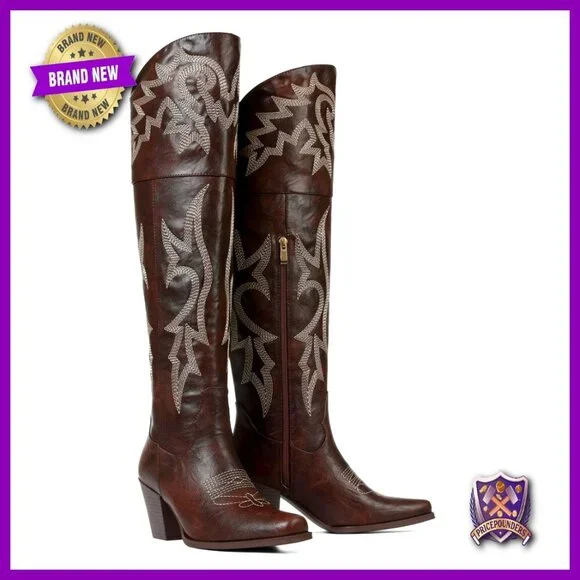 Over The Knee Cowboy Boots Pointed Toe Chunky Heel Embroidered Western