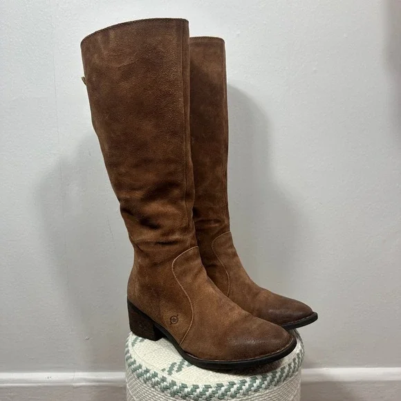 Born Felicia Leather Knee High‎ Boots Brown Distressed Suede Lace Back Women 9.5