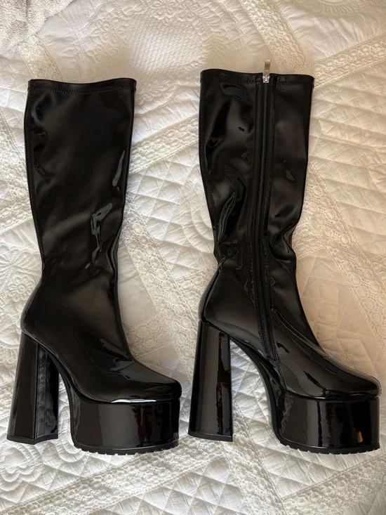 Black Patent Platform Knee-High Boots