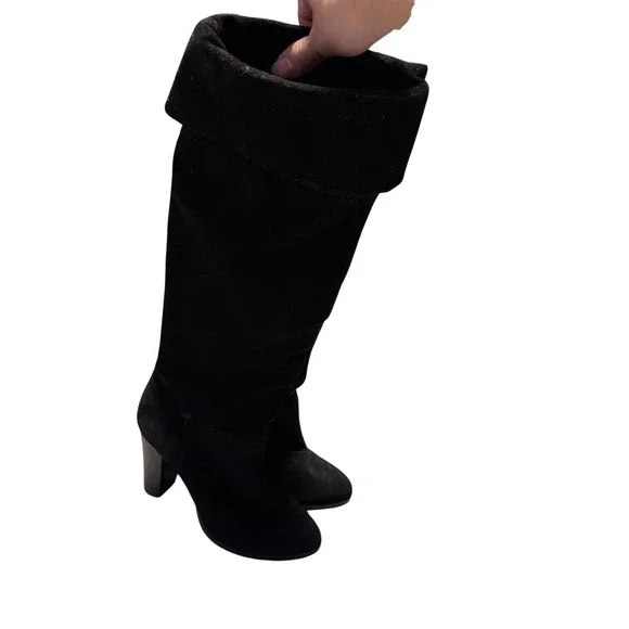 Nine West Women WNSEEMAM Black‎ Leather Tall Block Heel Boots 6.5M