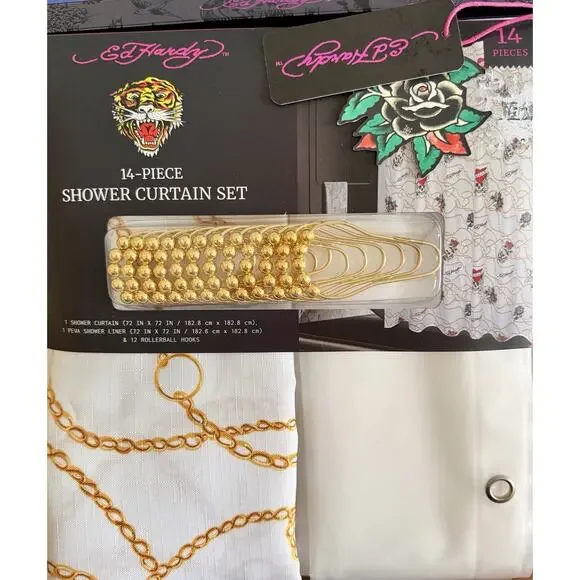 Ed Hardy Bathroom Shower Curtain Set Black Skull & Heart Tattoo Print Artwork