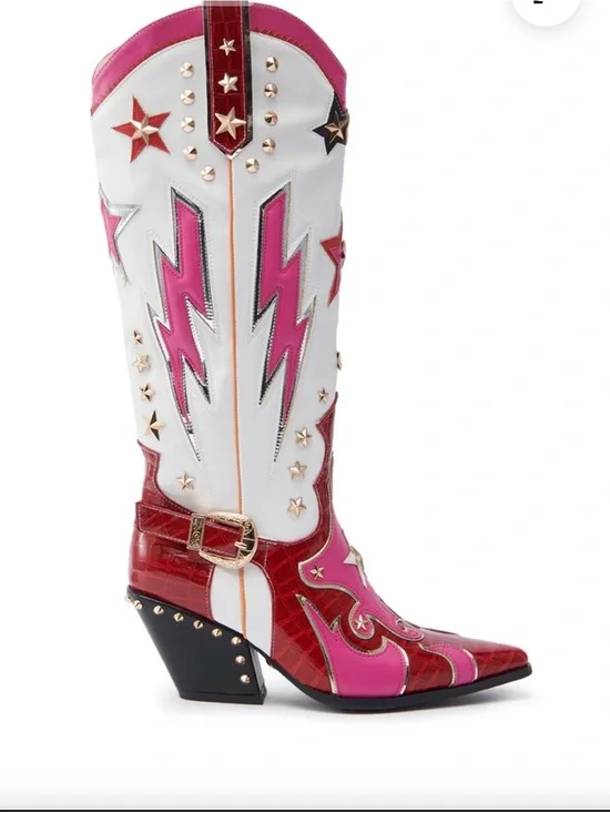 AKIRA White, Pink & Red Over-the-Knee Western Boots
