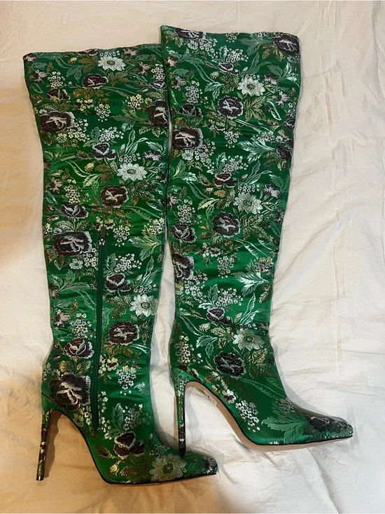 PLT Green Floral Knee-High Stiletto Boots - Women's Fashion