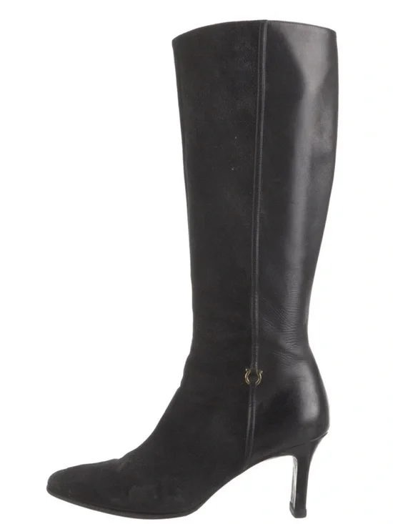 FARRAGAMO Black Knee-High Leather & Suede Heel Boots 8.5