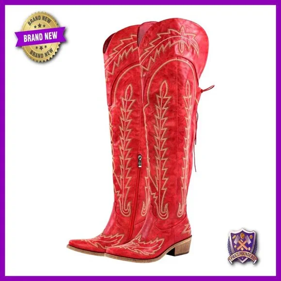 Western Cowboy Boots Thigh High Wide Calf Embroidered Chunky Heel Y2K