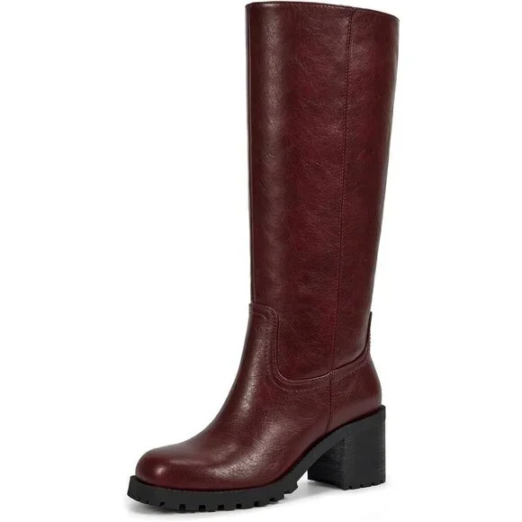 Women Brown Chunky Low Heel Square Toe Elastic Tall Boots Side Zipper PU Lea