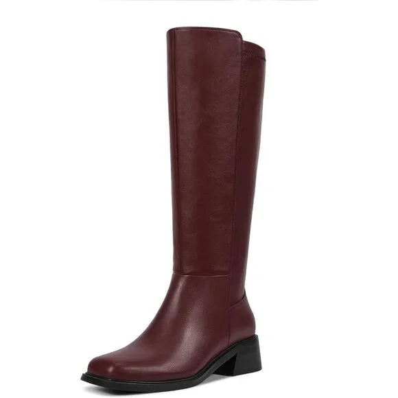 Women Brown Chunky Low Heel Square Toe Elastic Tall Boots Side Zipper PU Lea