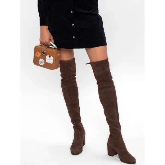 Stuart Weitzman Tieland Brown Stretch Suede Over The Knee Block Heel Boots