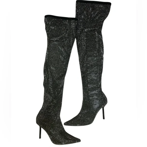 AQUA Black Rhinestone Over-the-Knee Thigh high Boots 8