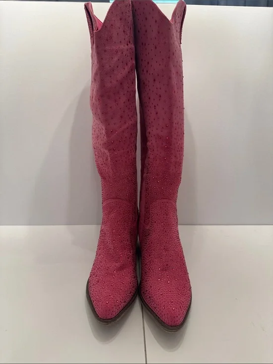 Pierre Dumas Pink Crystal-Embellished Over-the-Knee Boots
