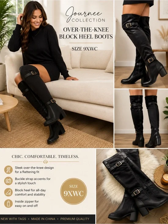 Journee Collection‎ Black Over-The-Knee Block Heel Boots Buckle Size 9XWC NEW