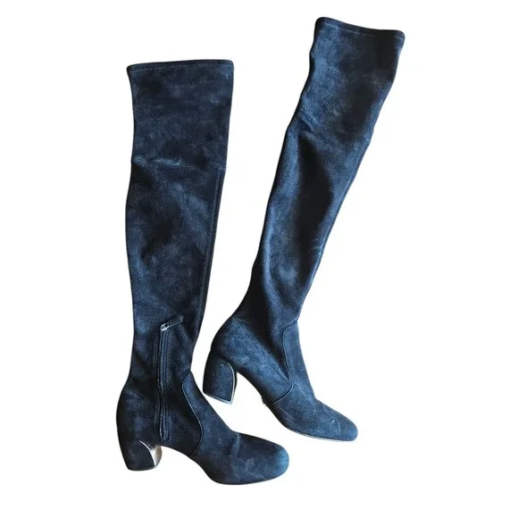 Women's Prada Black SUEDE‎ Leather Over-the-knee Block Heel Round Toe Boots TP01