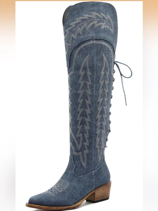 Denim Blue Lace-Up Western Over Knee Boot