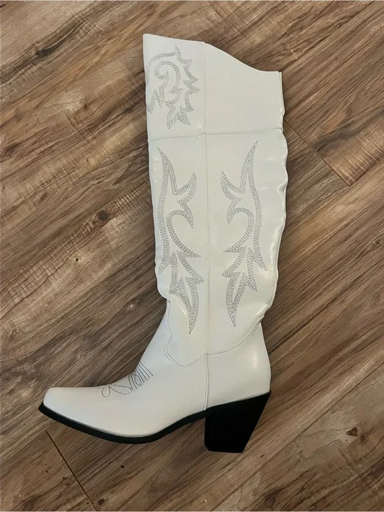 White Embroidered Western Thigh-High Boots NWOT
