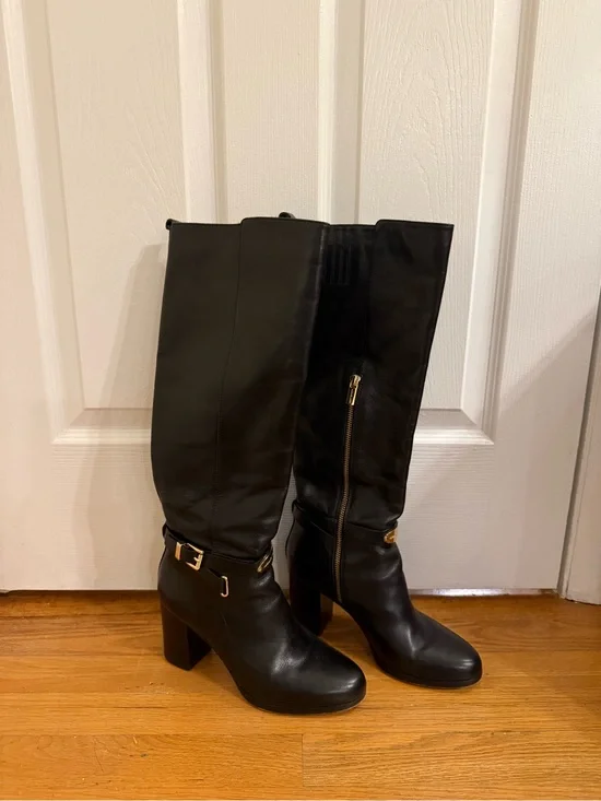 Michael Kors Black Leather Knee High Boots with Gold Accents