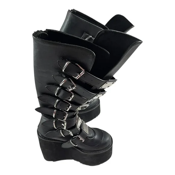 Demonia Gothic Platform Knee-High Boots Vegan Leather Buckle Zipper Size 8