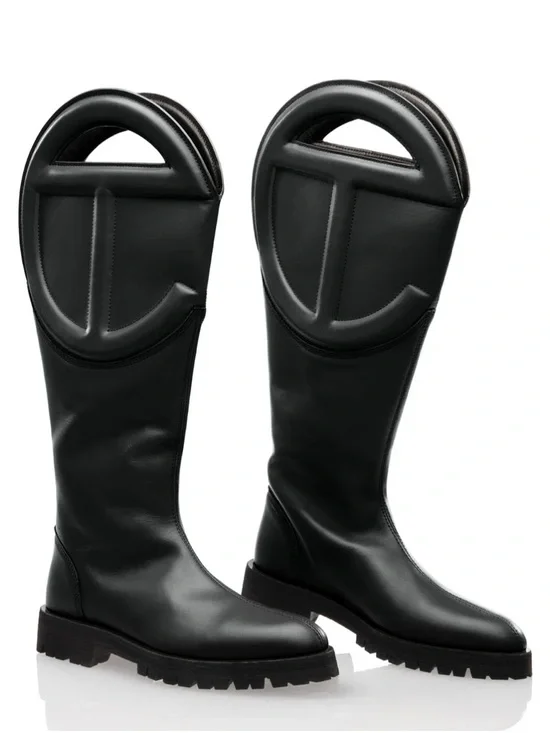 New! Telfar Unisex Black Leather Lug Sole Tall Logo Boot