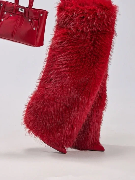 Red Over-the-Knee Faux Fur Boots - Luxe Statement Boot