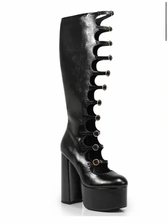 Liliana Black Over-the-Knee Platform Boots with Button Cutouts