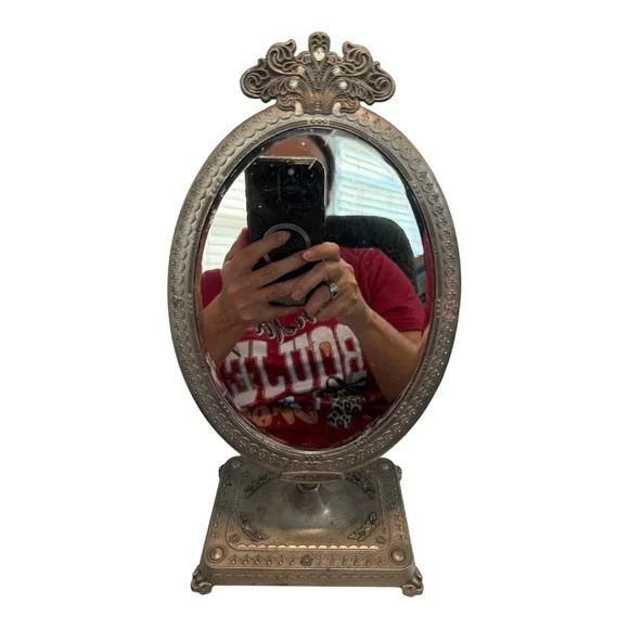 Miro Line Vintage Ornate Vanity Mirror Pewter Tone Swivel Tabletop Oval Mirror