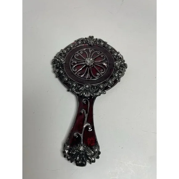Hand Mirror w/  Coronet Bows Wreath Red Enamel Metal Heavy 5.5