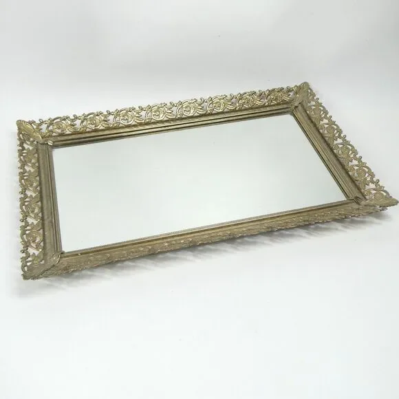 Brass Tray Mirrored Vanity Dresser 14x8 Rectancular MCM Vintage