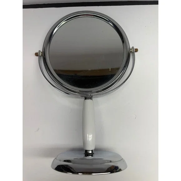 Vintage Chrome Swivel Vanity Mirror Double Sided Magnifying White Ceramic Stem