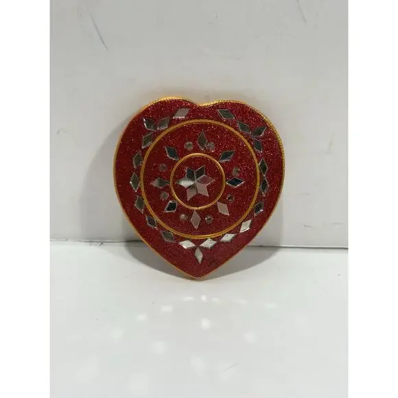 Heart shaped pocket‎ mirror with Lac mirror work Bejeweled Red