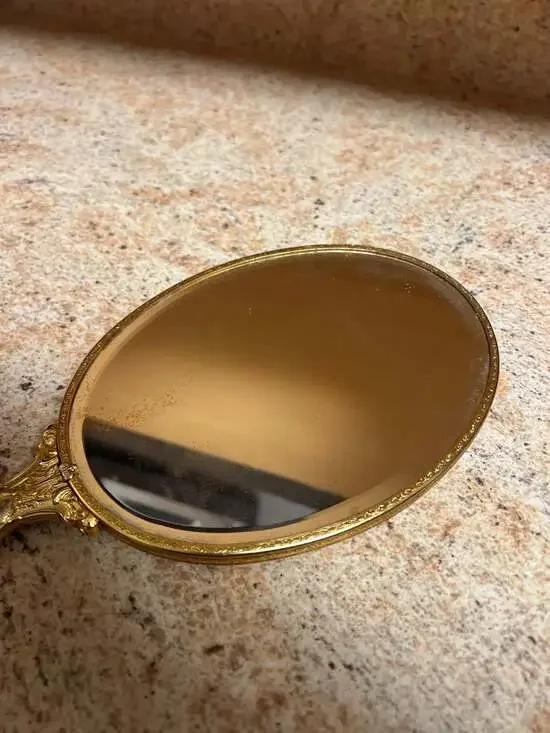 Vintage Ornate Gilt Bronze Hand Held Vanity Mirror Cream m Cabochon Stone