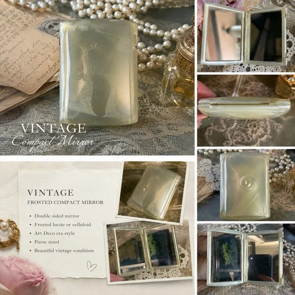 Frosted Lucite/Celluloid Compact Mirror Double‎ Sided Vanity Purse Mirror Vtg