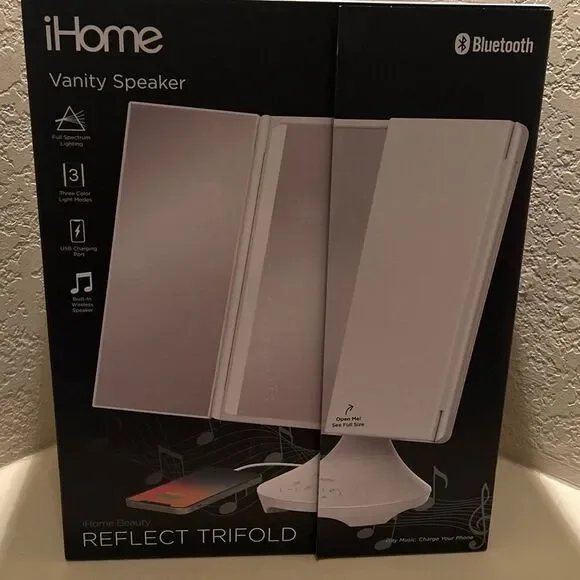 iHome Vanity Mirror With Bluetooth Speaker White Trifold Light Up Makeup New Box