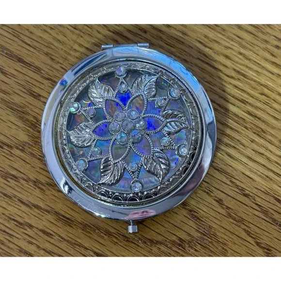 Compact Retro Mirror Silver Tone Bejeweled 2.75