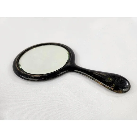 Vintage Wooden Handle Hand Mirror - Beveled Glass Aged Wood 6