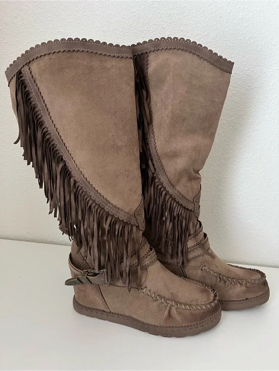 VERY G-Brown Fringe Suede Knee-High Boots - Women's