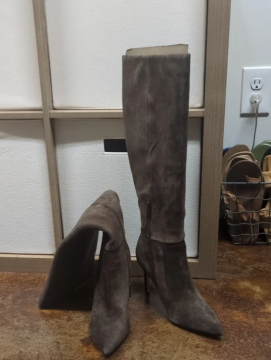 Women's Nine West Knee-High Pointed Toe Suede Boots - Taupe