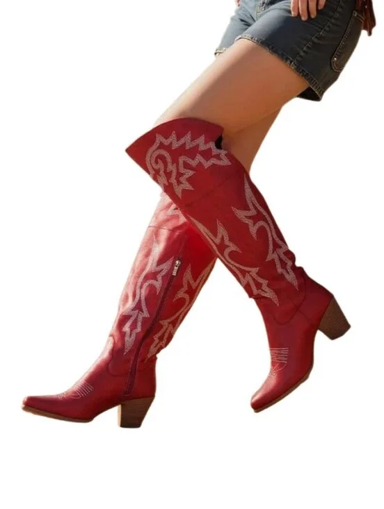 Women's Red Western  Thigh-High Boots with Embroidered Design Sz 10.5 Nwt