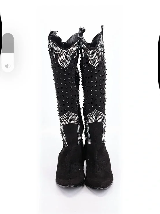 Nasty Gal Black Over-the-Knee Studded Western Boots with Crystal Detailing