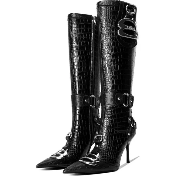 Women's Cool Black Pointed Toe Slim Calf Sexy Stiletto High Heel Long Tall Boots