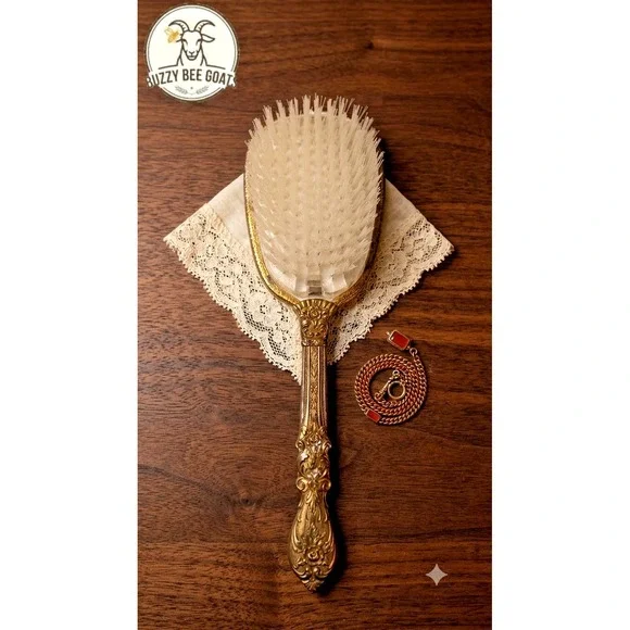Gold-Tone Metal Vanity Hairbrush,Victorian-style Floral Design, Mid-20thcentur