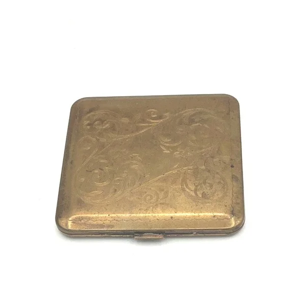 Vintage Dorset Fifth Avenue Brass Powder Compact Etched Floral Gold Tone Square
