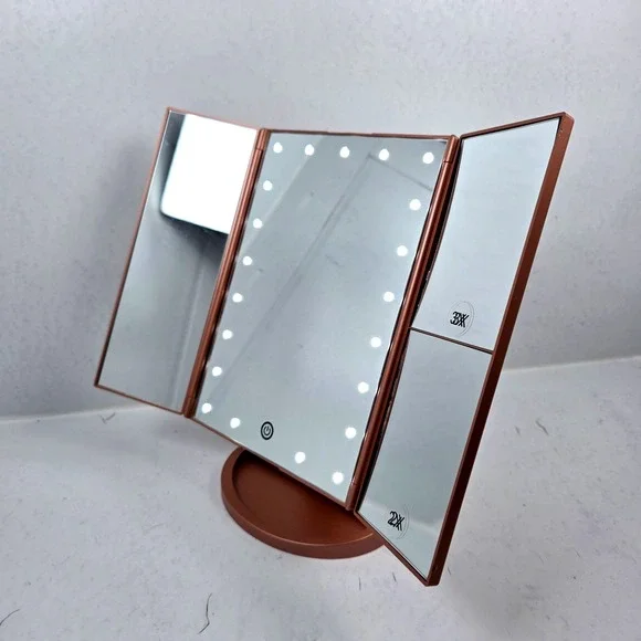 Deweisn Tri-Fold Vanity‎ Makeup Mirror Pedestal with 21 LED Lights - Rose Gold