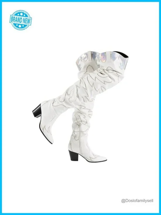 Pointed Toe Over the Knee Cowboy Boots with Embroidery, Chunky Heel, Slouchy