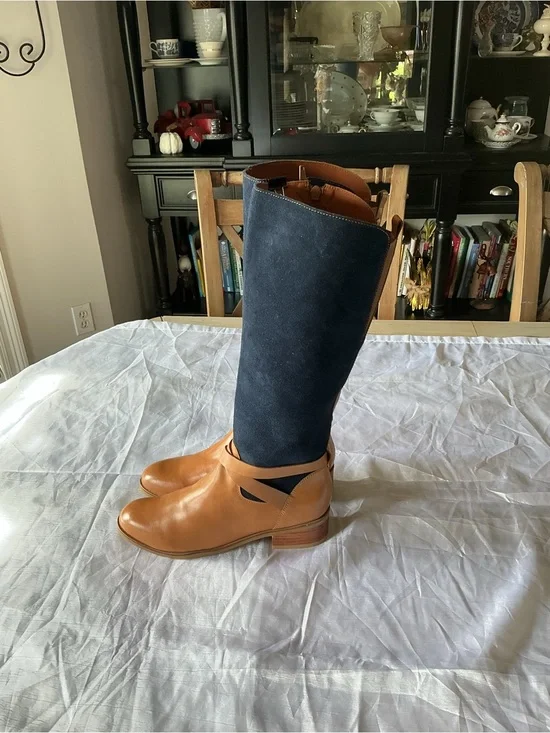 Tivoli Two-Tone Over-the-Knee Boots in Navy and Tan